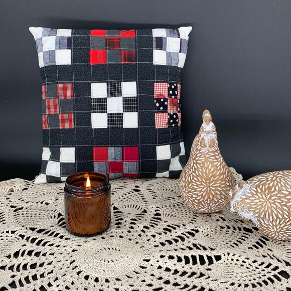 Handmade Accent Throw Pillow 11" Square Nine Patch Black Red White Gift For Her - Picture 9 of 11
